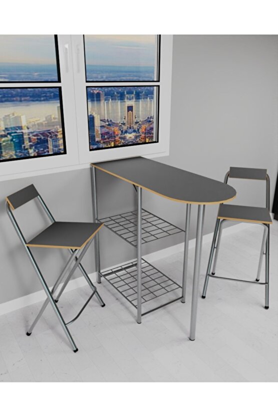 Mutfak Bar Masa Sandalye Takımı Katlanır Bar Sandalye 2 Kişilik Mutfak Masası Gri 1297