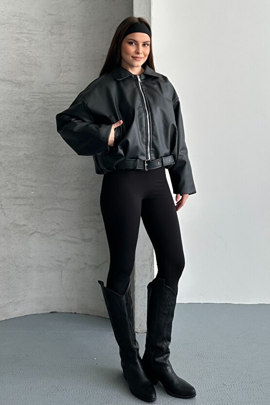 Kadın İçi Kürklü Suni Deri Ceket - Oversize İçi Peluş Astarlı Premium Biker Mont