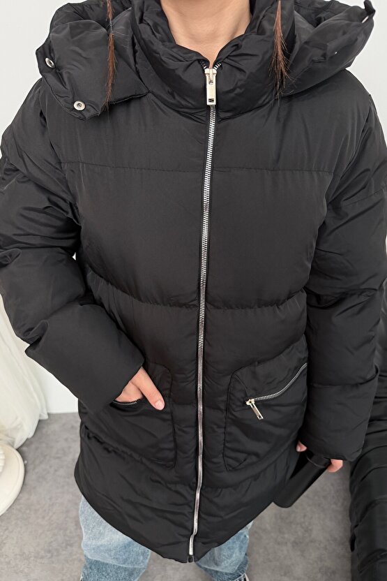 Kadın Kapüşonlu Uzun Şişme Mont – Su Geçirmez Oversize Kışlık, Cepli Fermuarlı