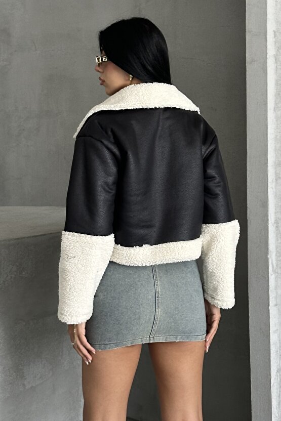 Kadın Peluş Detaylı Crop Biker Suni Deri Mont