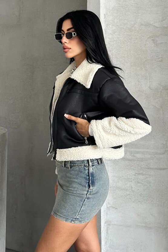 Kadın Peluş Detaylı Crop Biker Suni Deri Mont