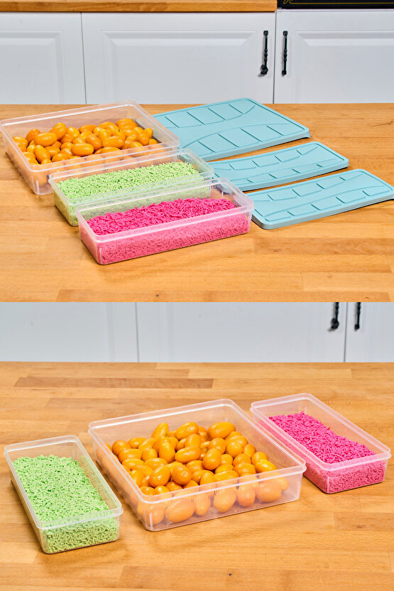 3 Adet 6 Parça Mikrodalga ve Difrize Uygun Saklama Kabı 1x3000 ml 2x1100 ml Fresh Box