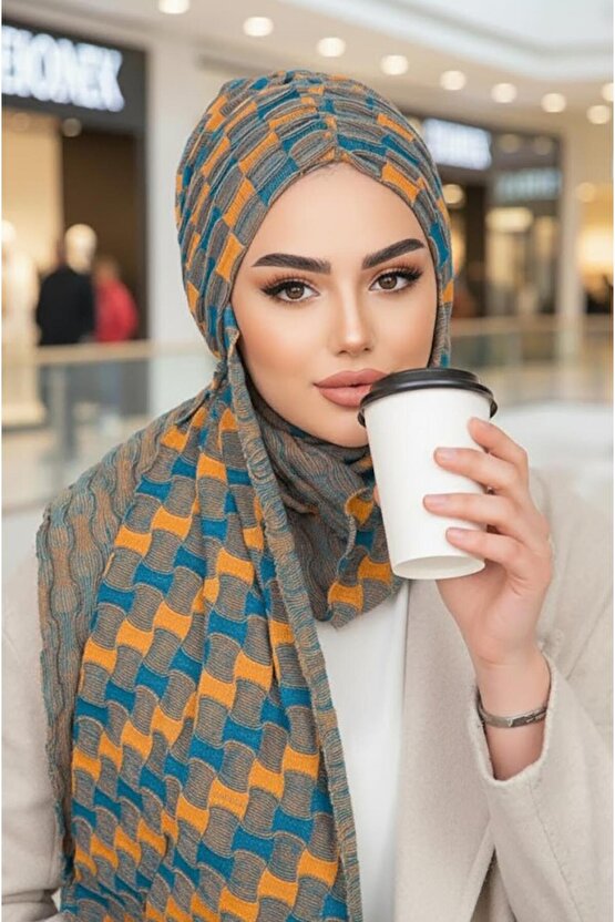 Antrasit Hardal Desenli Kelebek Model Büzgülü Bone Şal