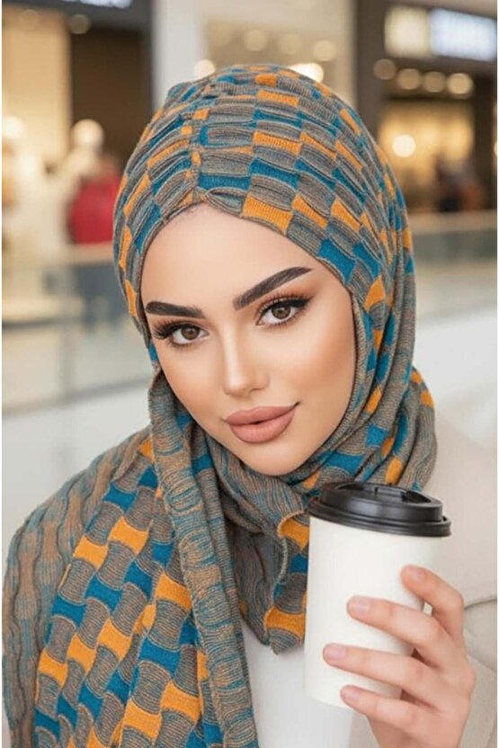 Antrasit Hardal Desenli Kelebek Model Büzgülü Bone Şal