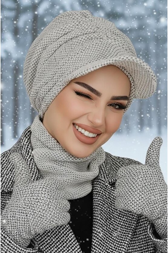 Kırık Beyaz Petek Desen Tesettür Şapka ve Etol Takım