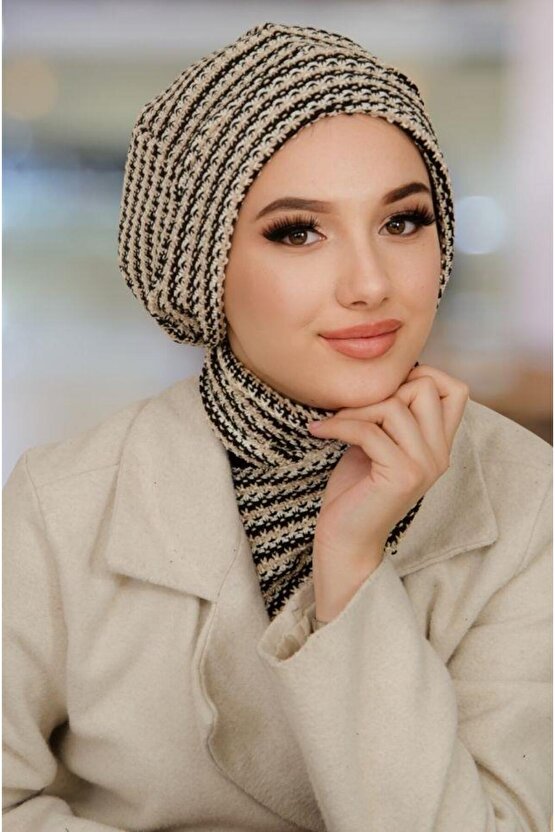 Siyah Bej Çizgili Tesettür Bere Ve Etol Takım