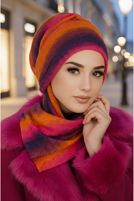 Rengarenk Kışlık Kelebek Bone Şal