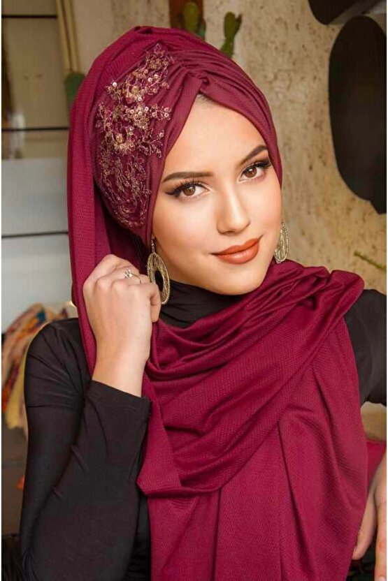 Bordo Güpürlü Abiye Şal