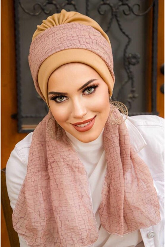 Camel Bej Desen Fularlı Bone