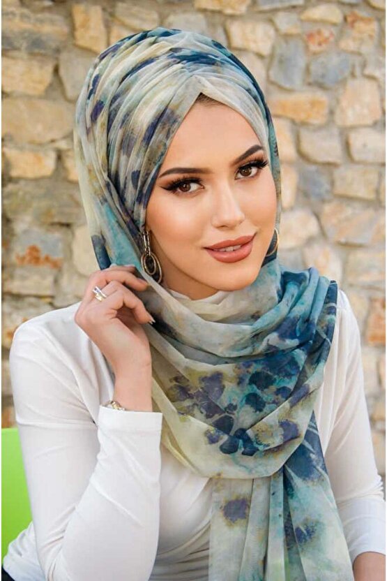 Lacivert Turkuaz Tonlamalı Hazır Şal