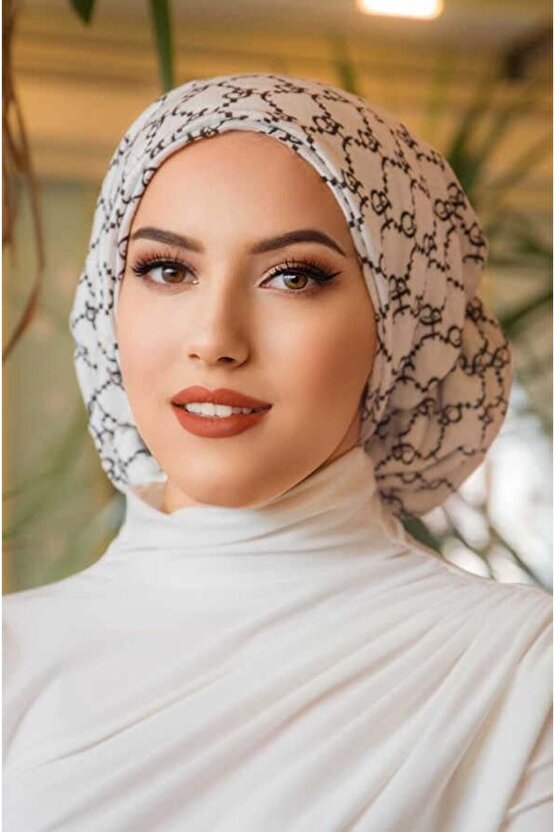 Beyaz Hat Desen Çağla Hazır Türban