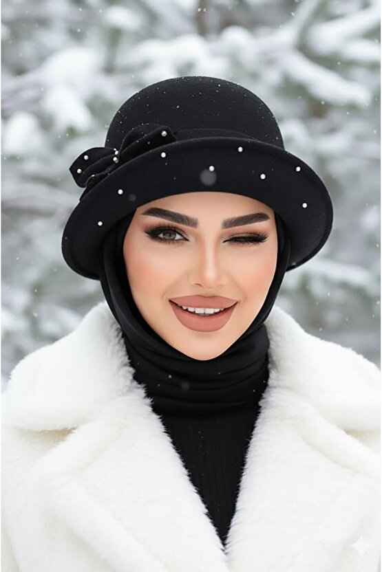 Siyah Taş Detay Vintage Şapka