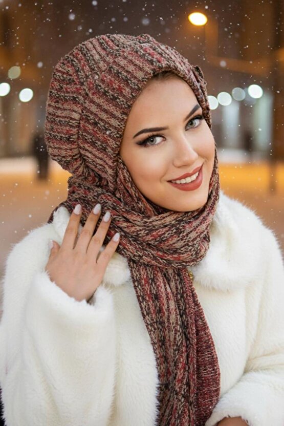 Kahve Desen Fiyonklu Tesettür Bere