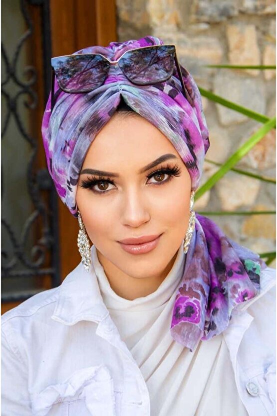 Lila Gri Çiçek Desen Tokalı Bone