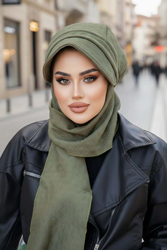 Haki Kapitone Atkılı Tesettür Şapka