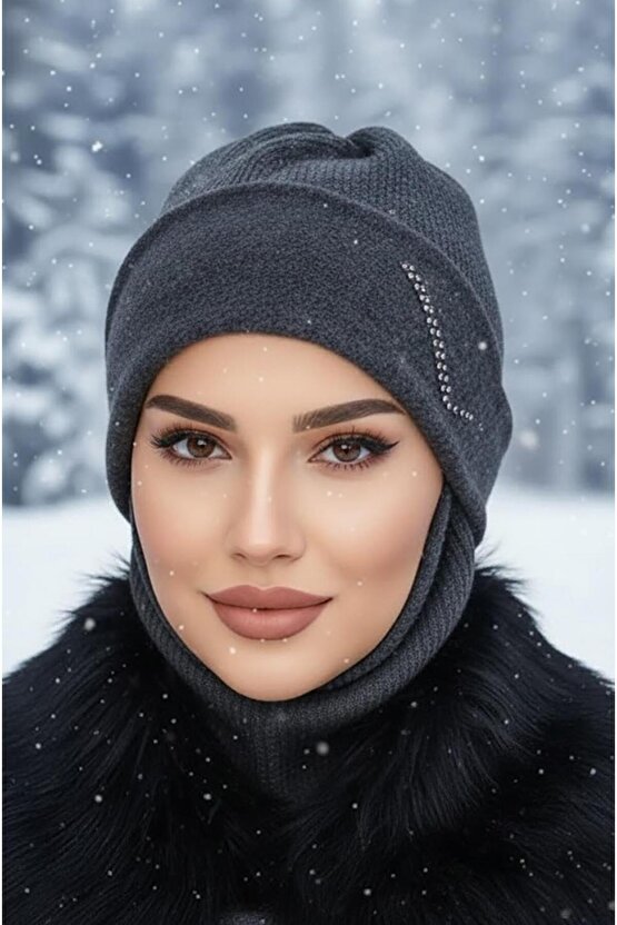 Antrasit Taşlı Maskeli Bere