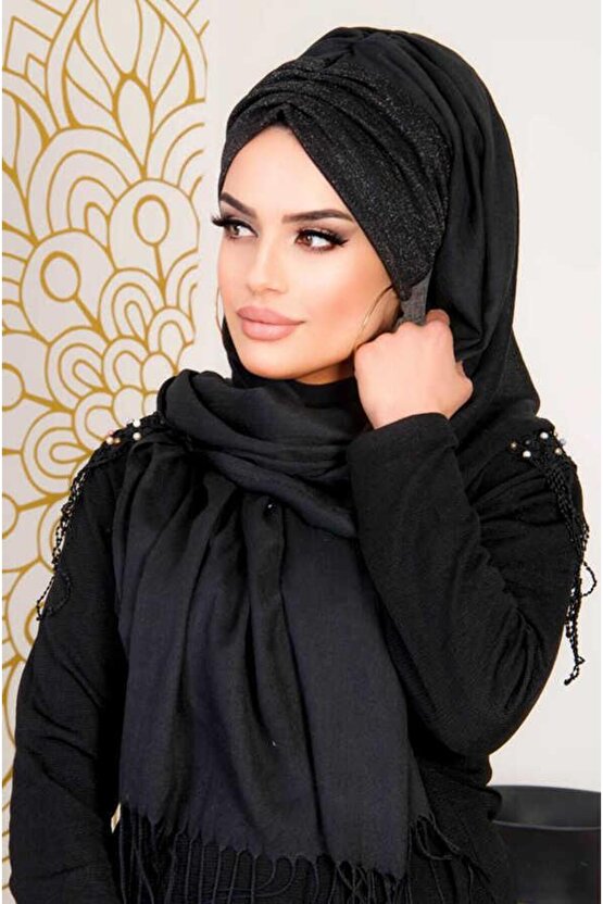Kadın Siyah Tesettür Hazır Şal