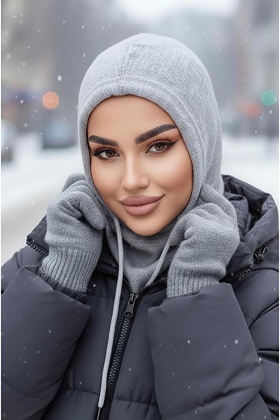 Gri Fitilli Bağcıklı Kapüşon Bone