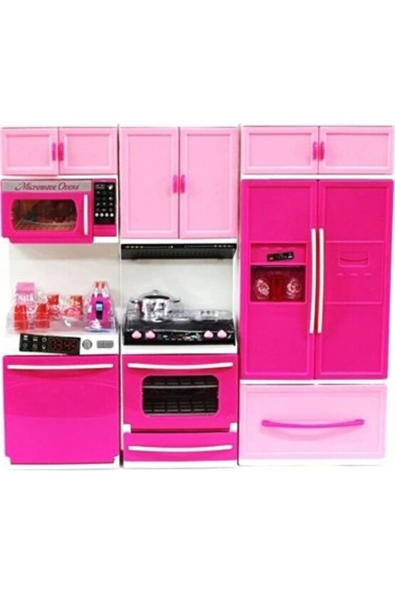 My Happy Kitchen Üçlü Mutfak Seti - Modern Mutfak Seti - Işıklı Sesli Mutfak Oyuncak - Buzdolabı, La