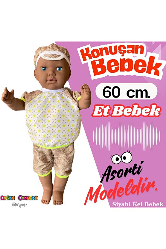 Oynar Gözlü Türkçe Konuşan Siyahi Berke Kel Et Bebek 60 Cm. - Konuşabilen Bebek - Kel Büyük Bebek