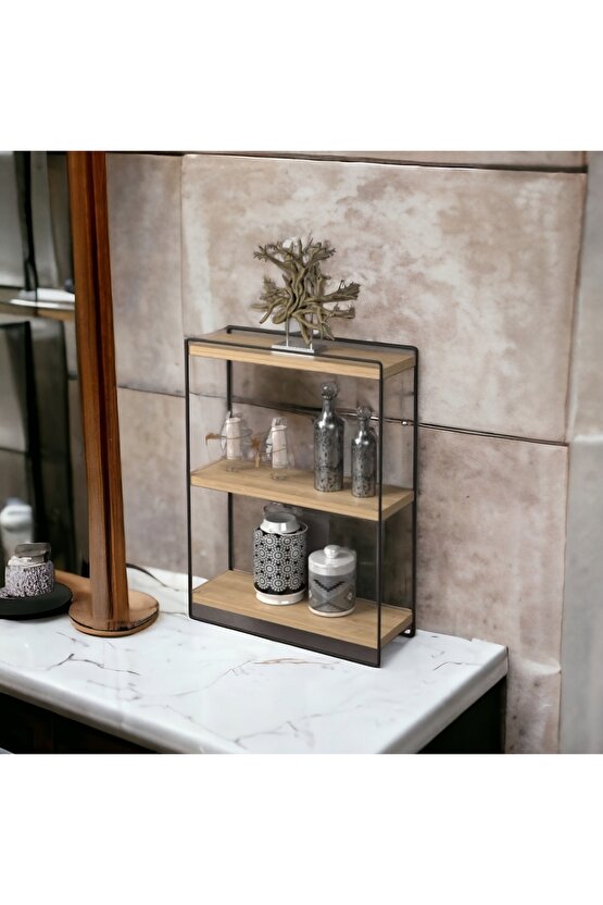 2 Adet Dekoratif Mini Duvar Rafı, Tezgah Üstü Raf, Obje, Baharat, Kaktüs Rafı 2li Ahşap - Metal Raf