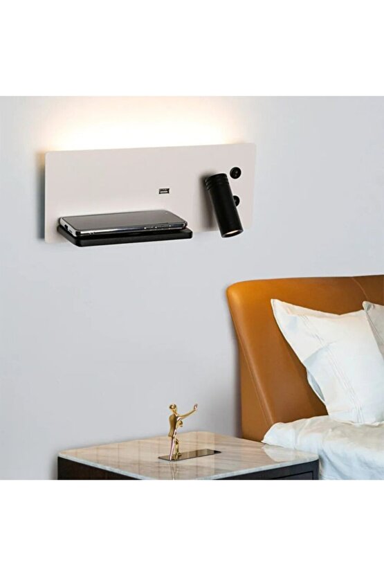 USB Şarj ve Kablosuz Şarjlı Yeni Nesil Modern Yatak Başı Armatürü 7 + 3 Watt Ledli Oynar Başlı Aplik