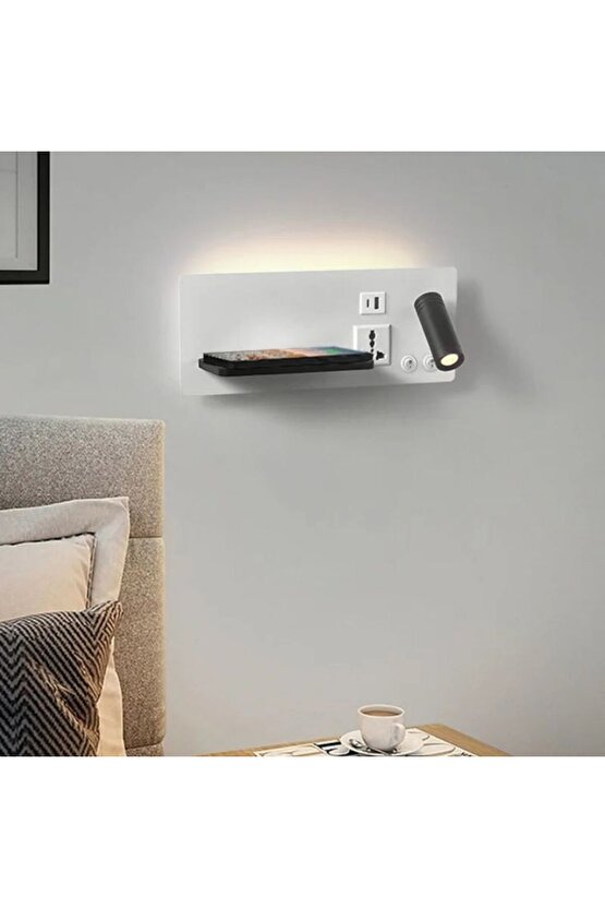 USB Şarj ve Kablosuz Şarjlı Yeni Nesil Modern Yatak Başı Armatürü 7 + 3 Watt Ledli Oynar Başlı Aplik
