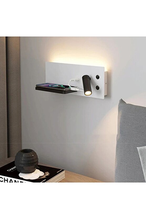 USB Şarj ve Kablosuz Şarjlı Yeni Nesil Modern Yatak Başı Armatürü 7 + 3 Watt Ledli Oynar Başlı Aplik