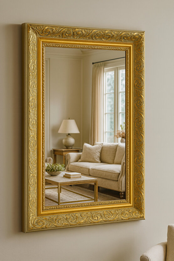 Beyaz Altın Varaklı Çerçeveli Ayna - Gold Ayna - Klasik Ayna - Vintage Ayna - Salon Ayna