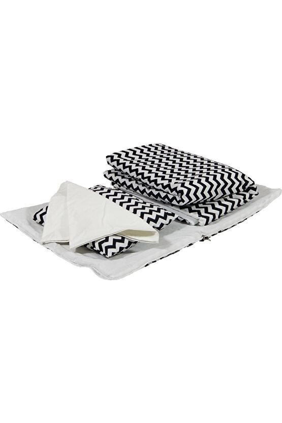 %100 Pamuklu Siyah Zikzaklı Kumaş Bebek Alt Açma Minderi Ve Beşik Içi Nevresim Takımı