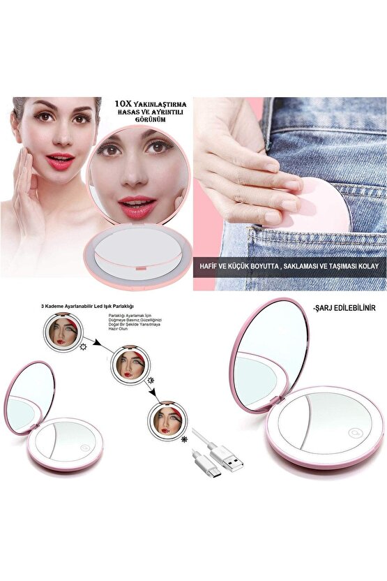 Taşınabilir Şarjlı 10X büyüteçli LED ışıklı Mini Makyaj Aynası Çanta Tipi Yuvarlak Makyaj Aynası