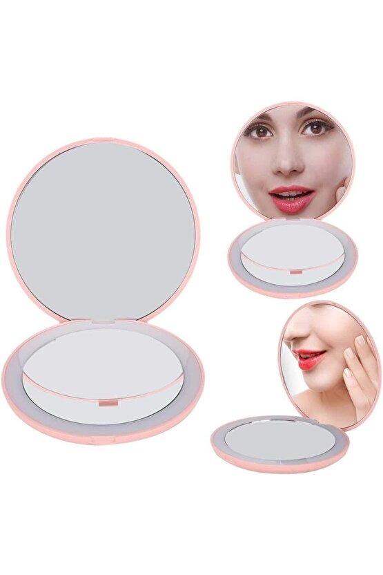 Taşınabilir Şarjlı 10X büyüteçli LED ışıklı Mini Makyaj Aynası Çanta Tipi Yuvarlak Makyaj Aynası