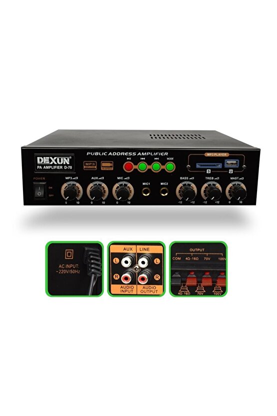 Dexun D-70 60 Watt 100v-70v -4-16 Ohm Usbli Mini Hat Trafolu Anfi