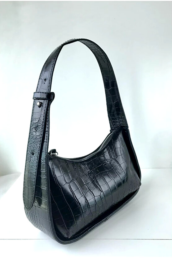 Siyah Wlc91 Kadın El Ve Omuz Çantası Kaliteli Işçilik Kroko Desenli Baget Çanta