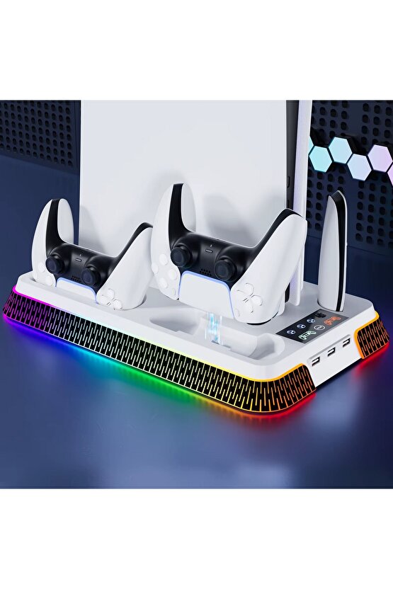 PS5 İÇİN SOĞUTMA STANDI ÇİFT KOL ŞARJ RGB LED IŞIKLI 3 USB GİRİŞLİ SLİM PRO UYUMLU STAND