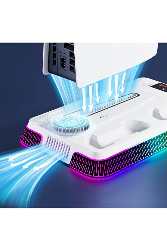 PS5 İÇİN SOĞUTMA STANDI ÇİFT KOL ŞARJ RGB LED IŞIKLI 3 USB GİRİŞLİ SLİM PRO UYUMLU STAND