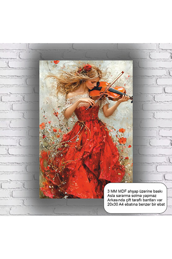 çiçekler içinde kemal çalan kırmızı elbiseli kadın estetik sanat mdf tablo ahşap poster