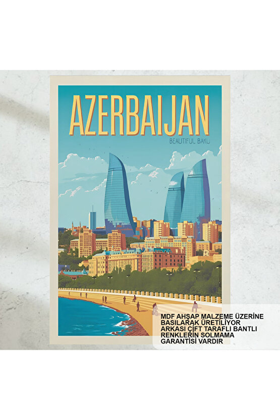 azerbeycan bakü dünya gezi şehirleri turistik illüstrasyonu ev dekorasyon tablo retro ahşap poster