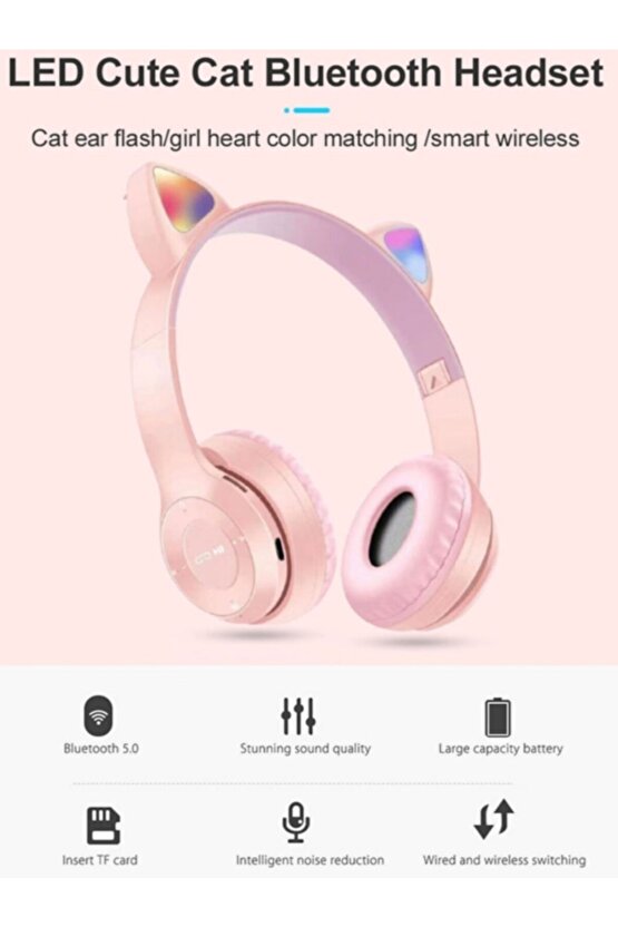 P47m Bluetooth Kedi Kulaklık Katlanabilir Sd Kart Girişli Mikrofonlu Kablosuz Led Işıklı Kulaklık