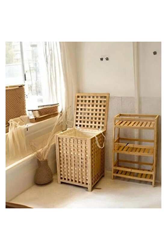 Büyük Boy Ahşap Bambu Kirli Sepeti 45x45x62