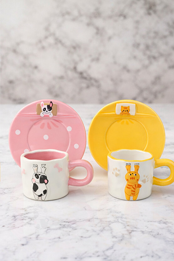 Hayvan Figürlü Seramik Fincan & Tabak Seti 2’li (Pembe İnek + Sarı Zürafa)