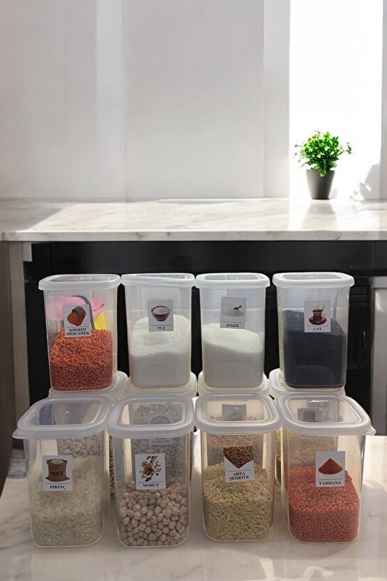12lı Etiketli Saklama Kabı Gıda Erzak Bakliyat Saklama Kabı Çeyiz Seti - 1,2 Lt Şeffaf