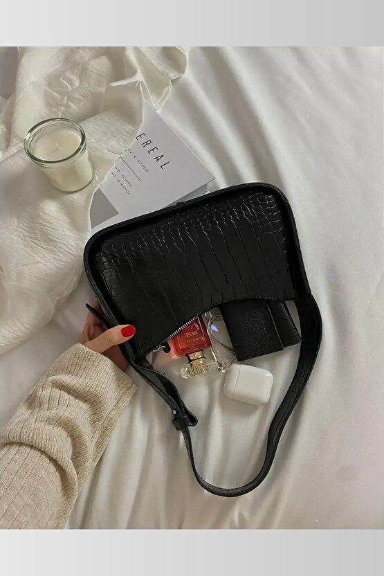 Siyah Wlc91 Kadın El Ve Omuz Çantası Kaliteli Işçilik Kroko Desenli Baget Çanta