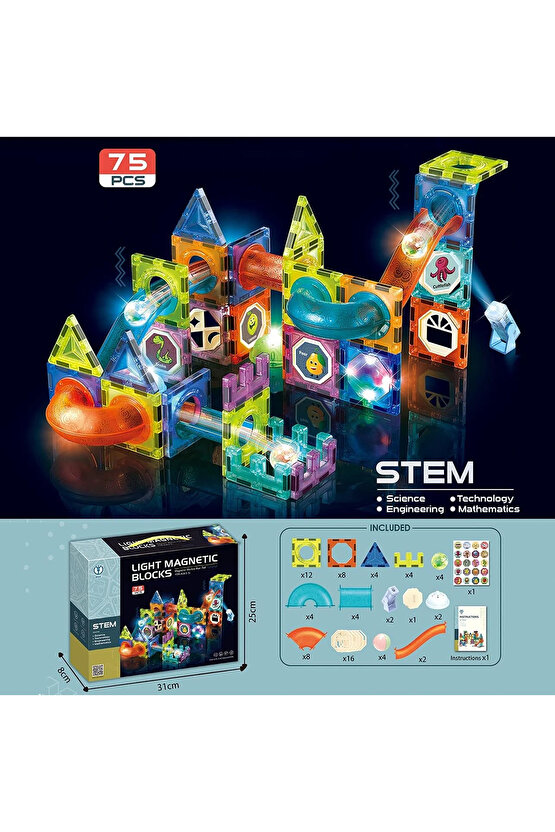Orijinal Magnetic Tiles Light Version 75 Parça Işıklı Manyetik Lego - Magnetic Magical Işıklı Magnet
