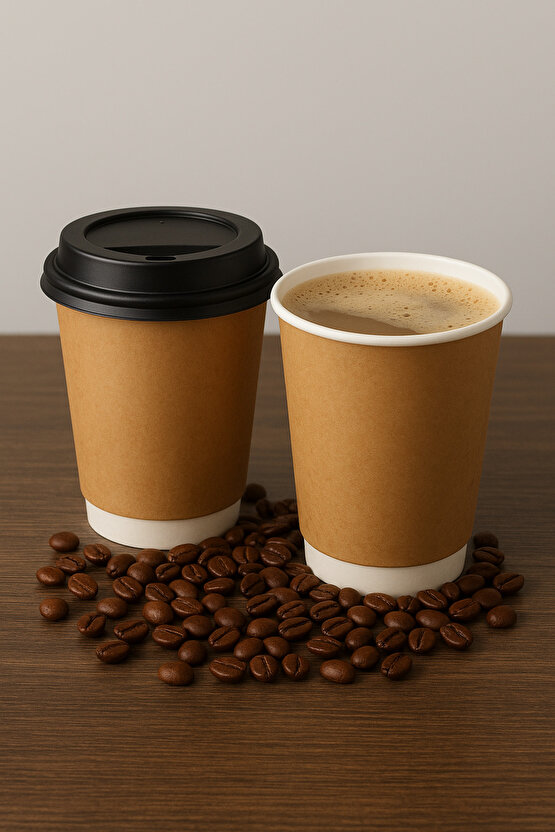 8 OZ DOUBLE WALL KRAFT GÖRÜNÜM KARTON BARDAK + SİYAH KAPAKLI 50Lİ KARIŞTIRICI (TIPAÇ) HEDİYELİ
