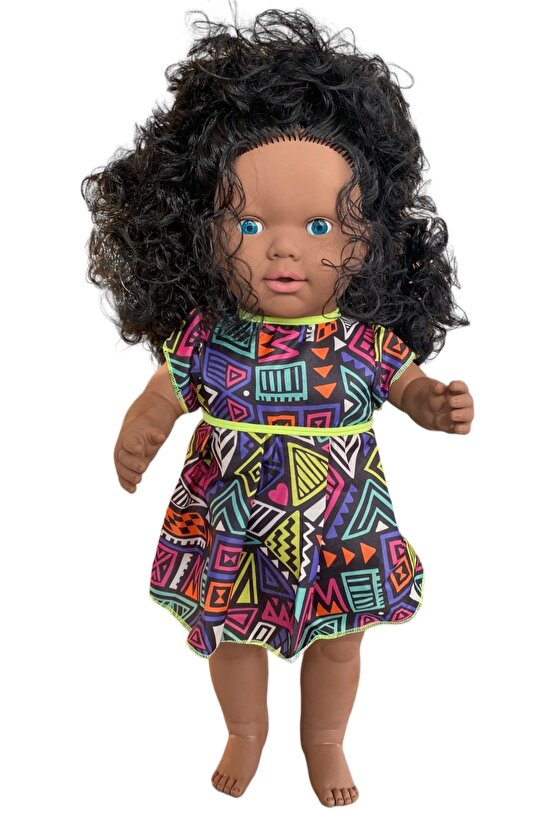 Oynar Gözlü Türkçe Konuşan Siyahi Nazlı Saçlı Et Bebek 60 Cm. - Konuşabilen Bebek - Saçlı Büyük Bebe