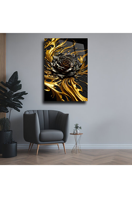 Gold Renkli Gül Cam Tablo Duvar Dekoru 2