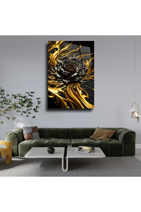 Gold Renkli Gül Cam Tablo Duvar Dekoru 2