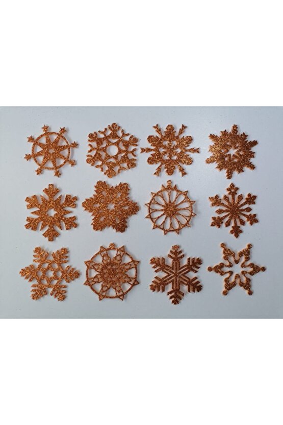 Turuncu Kar Tanesi Simli Eva Ağaç Ve Hediye Süsü 8x8cm 12 Li