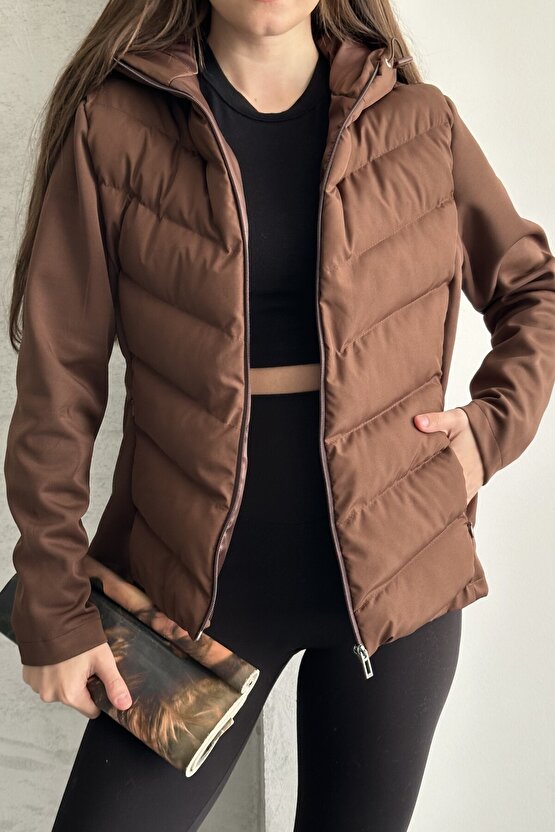 Kadın Kahverengi Kapüşonlu Termal Şişme Mont - Yeni Sezon Range Rover Mom ZR Stil Mont